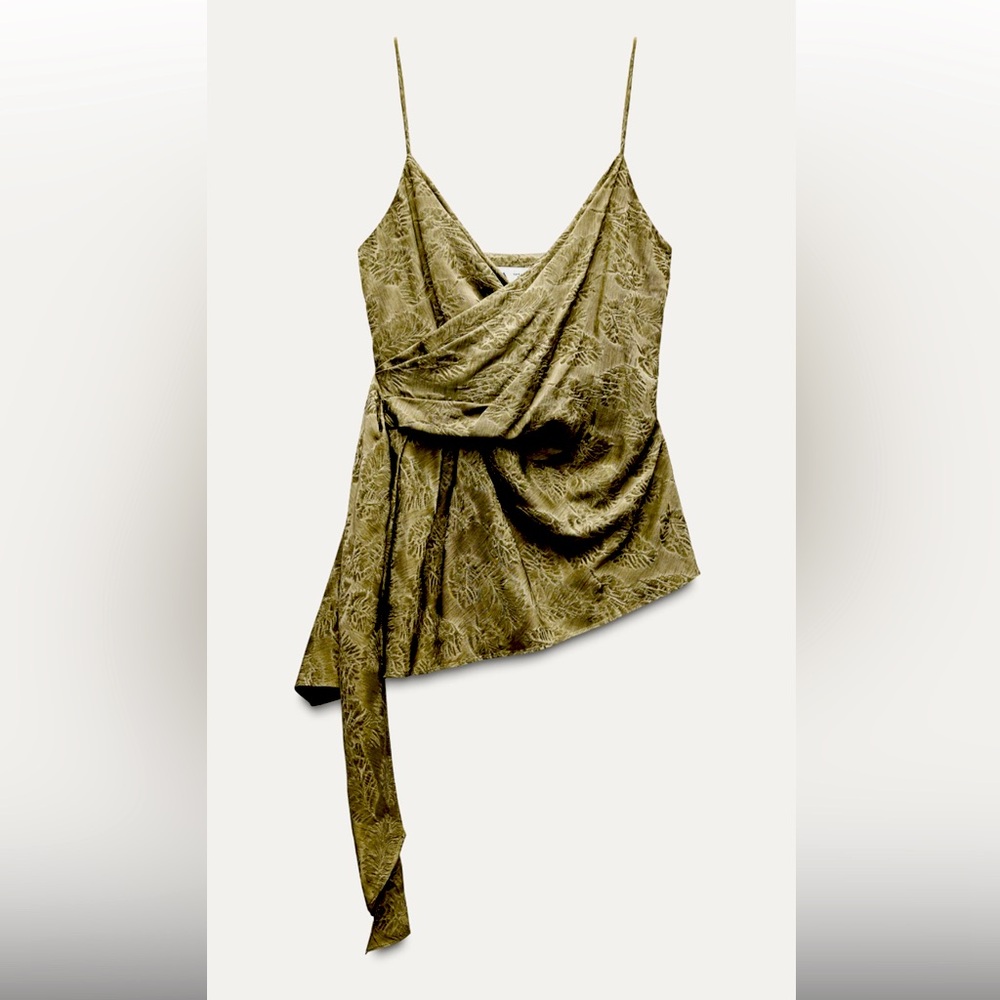Zara ZW Draped Jacquard Top Khaki NWT Sz XS